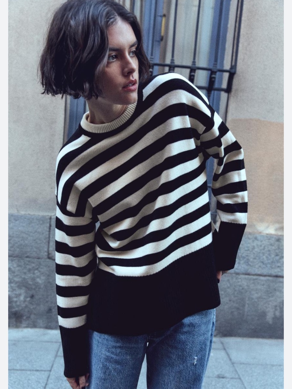 Industry Relaxed Striped Crewneck Sweater in Black and Cream